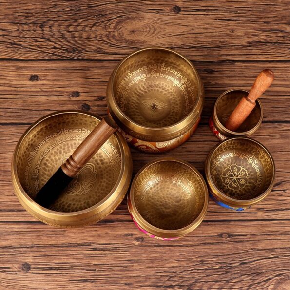 Nepal Handmade Singing Bowls set Buddha Mantra Design Tibetan Bowl with Leather stick for Yoga Chanting 2