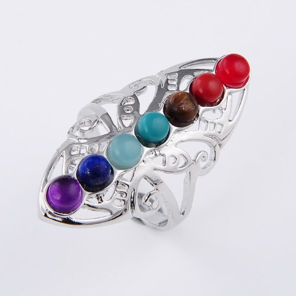 New 7 Chakra Stone Bead Finger Rings Reiki Healing Point Charm Adjustable Yoga Hollow Metal Flower 2