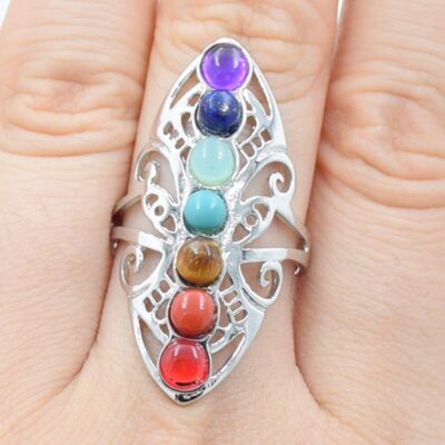 New 7 Chakra Stone Bead Finger Rings Reiki Healing Point Charm Adjustable Yoga Hollow Metal Flower