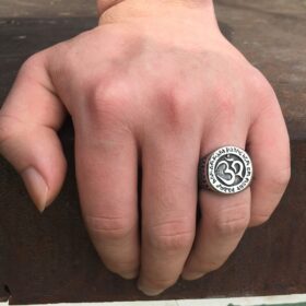 Silver Color Om Aum Yoga Buddhist Meditation 316L Stainless Steel Amulet Ring Mens Talisman Jewelry