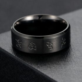 Tibetan Buddhism Black Good Luck Mantra Men s Ring Matte Stainless Steel Male Ring Mysterious Religious