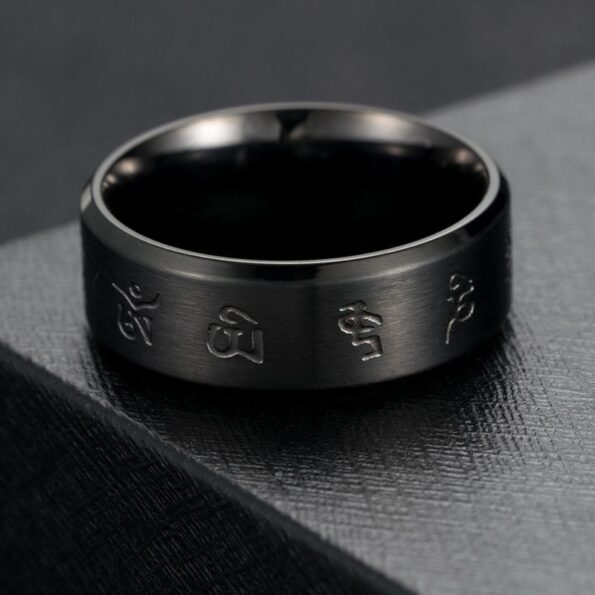 Tibetan Buddhism Black Good Luck Mantra Men s Ring Matte Stainless Steel Male Ring Mysterious Religious 1