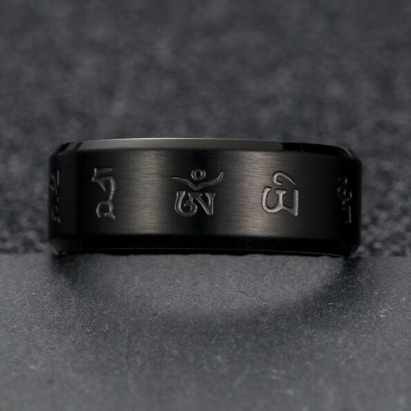 Tibetan Buddhism Black Good Luck Mantra Men s Ring Matte Stainless Steel Male Ring Mysterious Religious 2