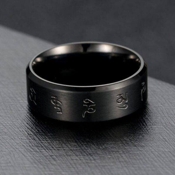 Tibetan Buddhism Black Good Luck Mantra Men s Ring Matte Stainless Steel Male Ring Mysterious Religious 4