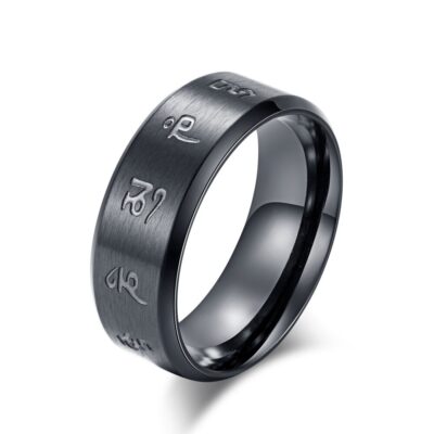 Tibetan Buddhism Black Good Luck Mantra Men s Ring Matte Stainless Steel Male Ring Mysterious Religious