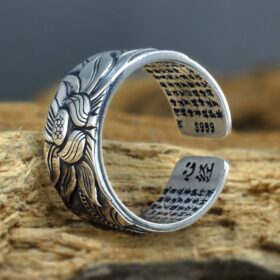 Vintage Lotus Flower Open Ring Adjustable Free Size Buddhistic Flowers Heart Sutra Rings Women Men Opening