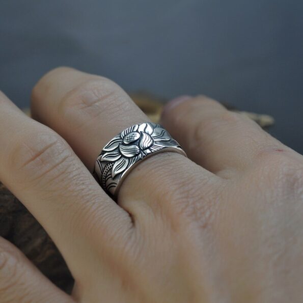 Vintage Lotus Flower Open Ring Adjustable Free Size Buddhistic Flowers Heart Sutra Rings Women Men Opening 4