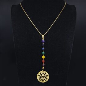 7 Chakra Yoga Flower of Life Necklace Lotus Buddhas Moon Carved Gem Stone Beads Necklaces Reiki